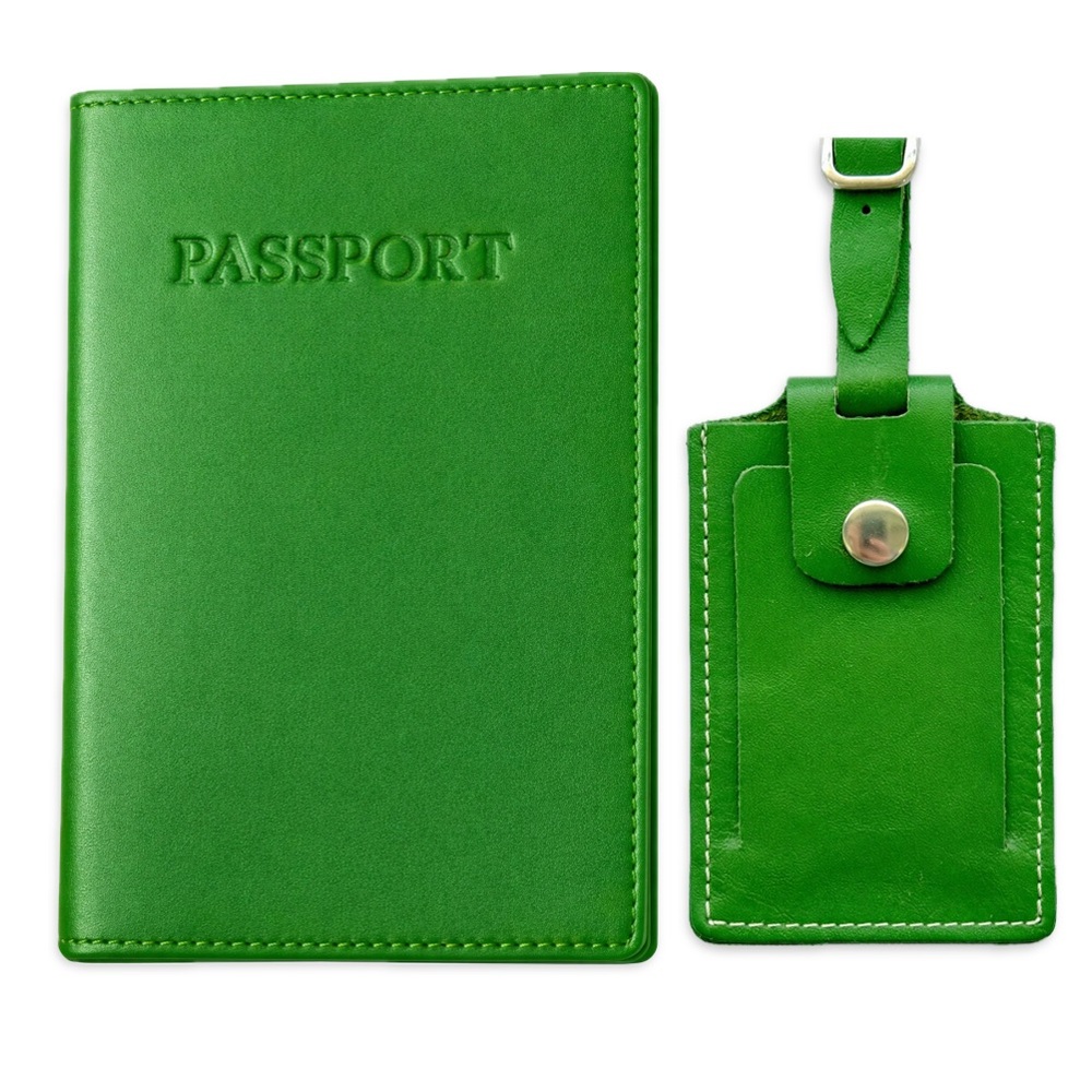 NEW Nappa Leather Passport Wallet + Luggage Tag Travel Set - Green
